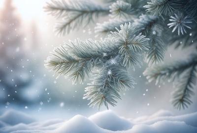 The primary subject of the image is a snow-covered pine tree. The setting is a snowy environment, with the tree surrounded by a snowy landscape. The visual style is a digital art or illustration, creating a beautiful and serene winter scene. The dominant colors are white and gray, reflecting the snowy atmosphere, and the overall mood is calm and peaceful.
